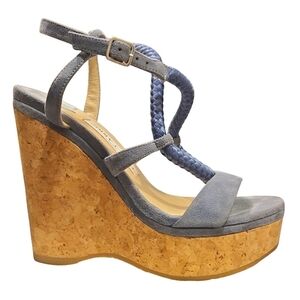 JIMMY CHOO | Wynwood 130 Blue Suede Strappy Platform Cork Wedge Sandals EU 36